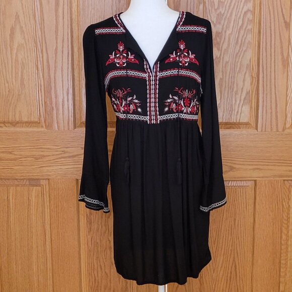 beachlunchlounge Peasant Embroidered Black Boho Mini Dress Size M - Picture 4 of 16
